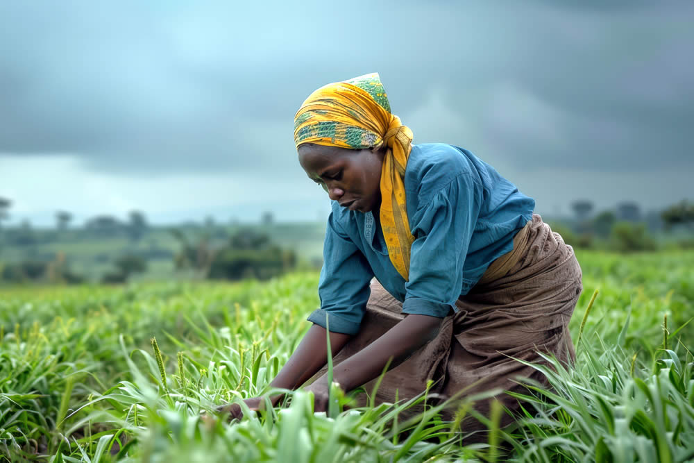 Women tending crops in a field